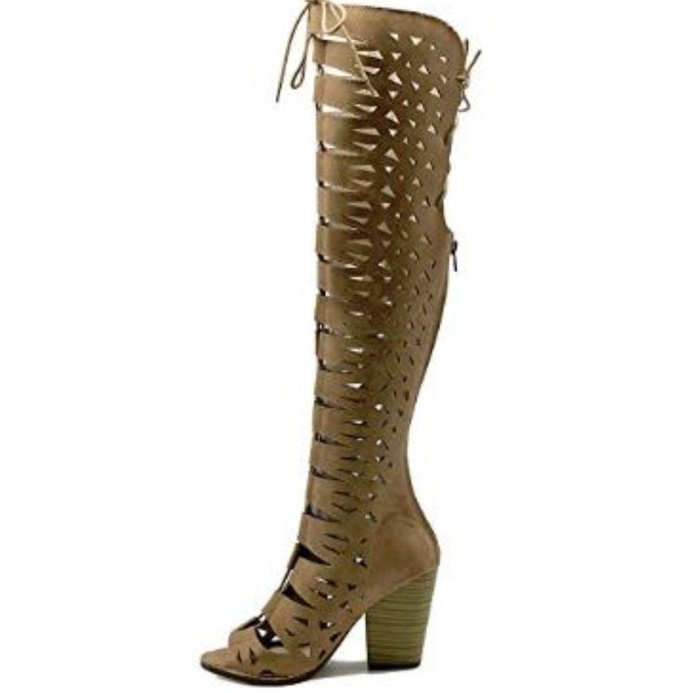 Tan Cutout Lace up Knee-high boots with Peep Toe